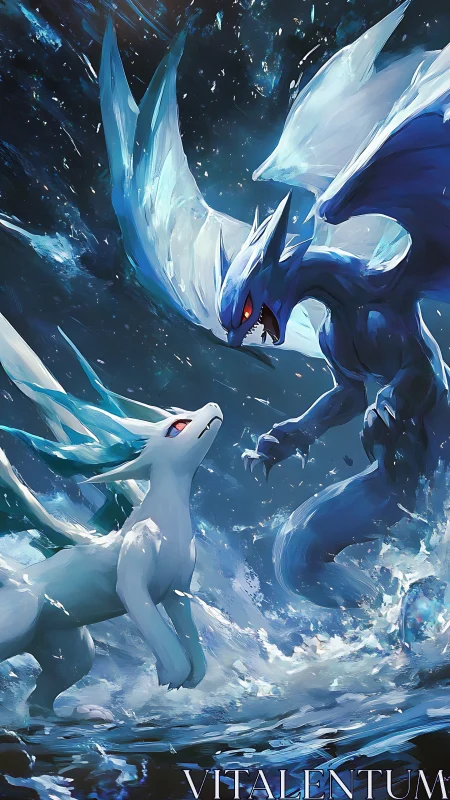 Icy dragon duel amid swirling nocturnal stormscape.