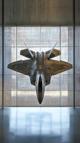 Stealth jet pauses mid-pounce inside a glassy cathedral of light
