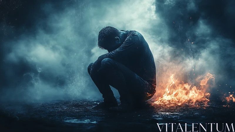 Solitary figure curls beside fire in a storm of smoke and rain