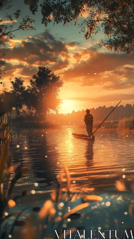 Solitary boatman crossing a glowing river at sunset.