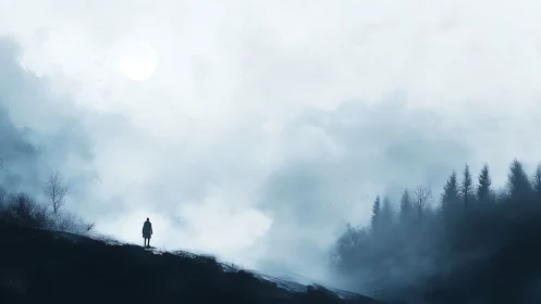 Solitary figure stands on mist-covered hillside under moon
