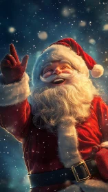 Photoreal Santa portrait in snowfall, warm lighting and detail.