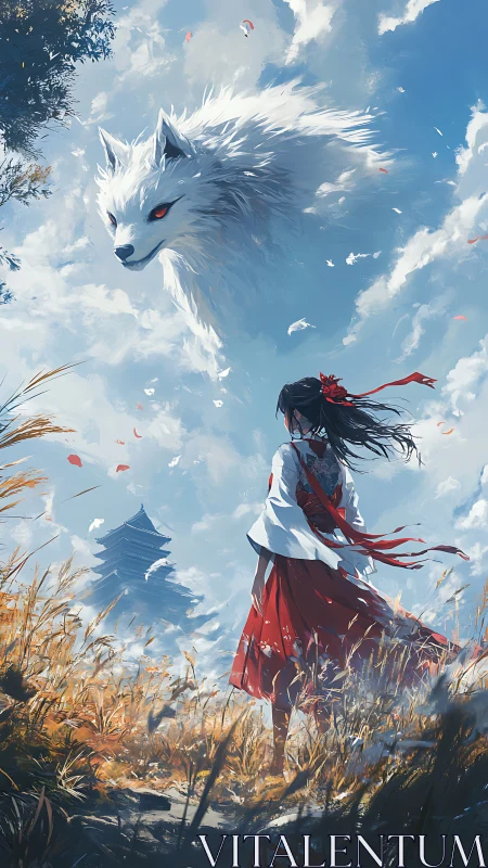 Skybound spirit wolf circles a shrine maiden in autumn fields