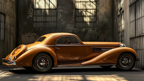 Streamlined coupe rendered in side view within industrial bay