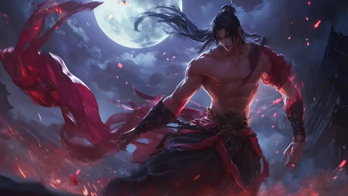 Moonlit warrior wrapped in crimson storm and swirling power.