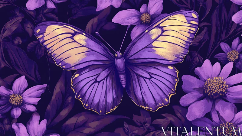 Purple butterfly with yellow highlights rests among flowers