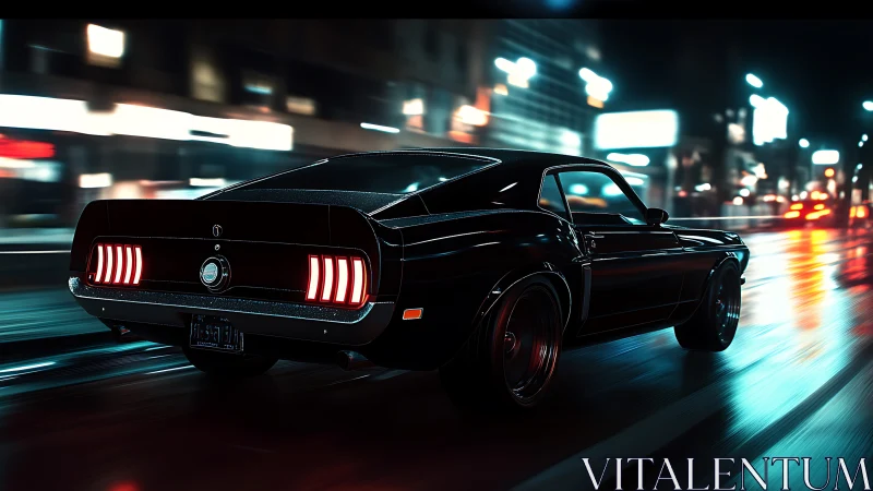 Classic fastback muscle car moves through wet city street