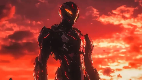 Armored sci fi figure against intense red sunset sky.