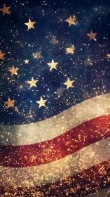 Glittering American flag waves through a night sky of stars