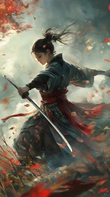 Solitary swordswoman in autumn field with drawn katana.