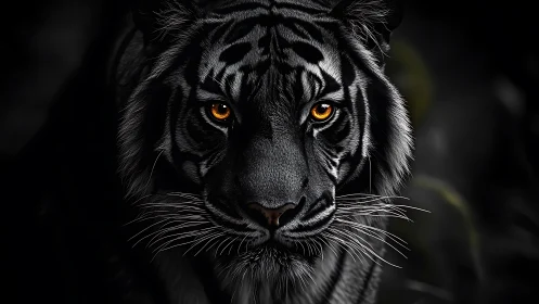 Close frontal rendering shows tiger head in low key lighting