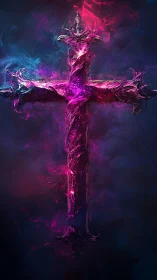 Crystalline neon cross carves glowing portals through night