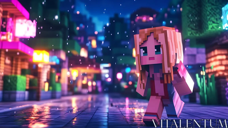 Pixel girl walking in rainy neon lit voxel city street.