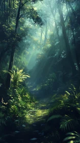 Atmospheric forest corridor with volumetric light diffusion through dense canopy layers