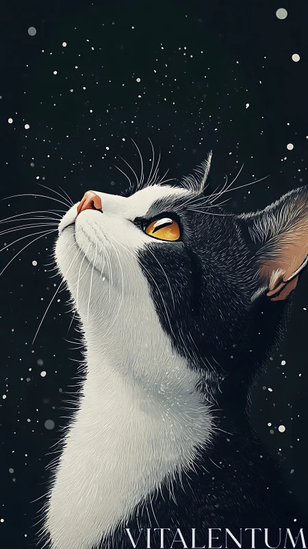 Bilateral cat head with golden iris gazing upward against dark starfield
