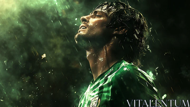 Rain-soaked footballer rendered with cinematic rim lighting and bokeh