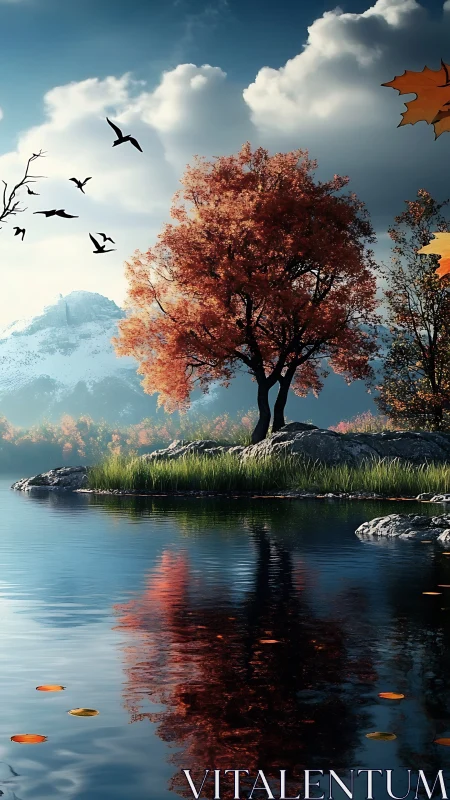 Quiet autumn lakeside with glowing trees and soft skies.