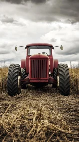 Stalwart red tractor squaring off under rumbling autumn skies.
