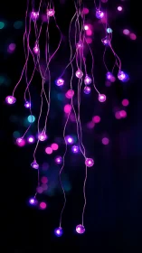 Purple hanging LED string lights against dark bokeh backdrop.
