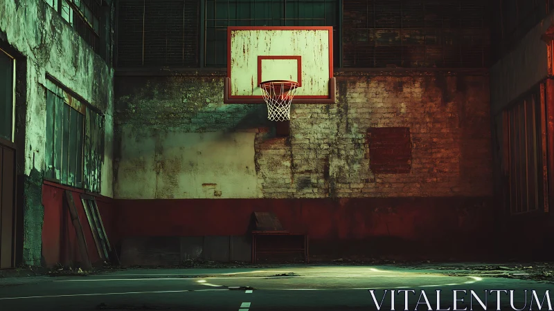 Quiet urban basketball hoop glowing in a forgotten gym.