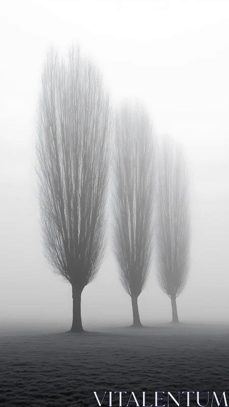 Three poplar silhouettes rise through dense winter fog.