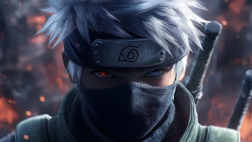 Calm masked warrior with silver hair and blazing gaze.