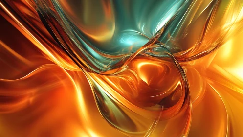 Luminous molten waves in teal and amber abstract glass flow.
