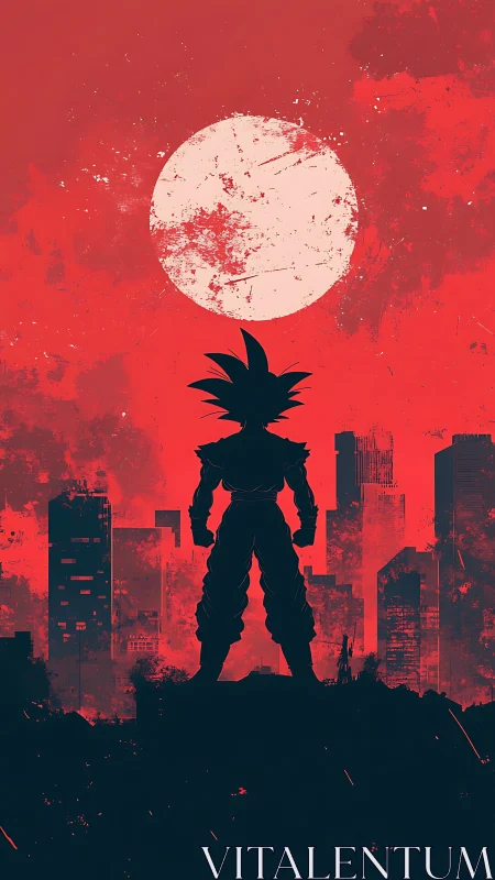 Lone spiky‑haired hero facing a crimson urban moonrise.