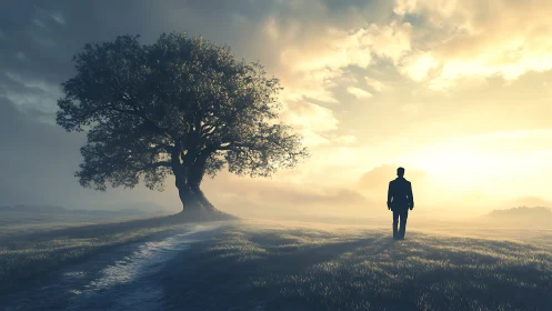 Solitary figure walking toward luminous sunrise horizon.