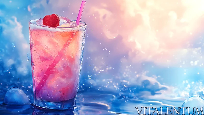 Pink Gradient Cocktail with Ice and Raspberry Garnish.