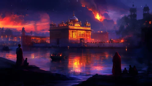 Golden temple glows over twilight lake under fiery sky.