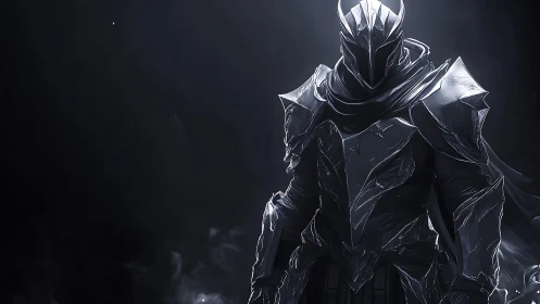 Armored figure stands in low-key lighting with reflective metal