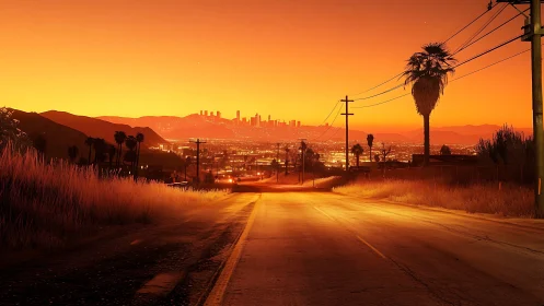 Sunset-lit road leading toward distant illuminated city skyline