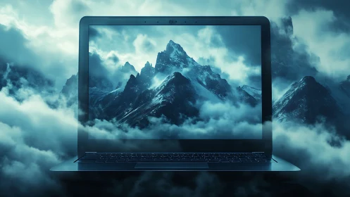 Photoreal laptop portal with cinematic misted mountainscape frame.