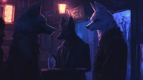 Anthro wolves share a tense midnight meeting in neon bar light