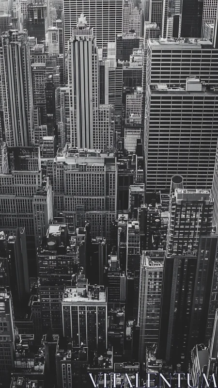 Monochrome skyscrapers rise in a dense, dramatic city maze