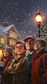 Family watches falling snow under warm streetlamp glow.