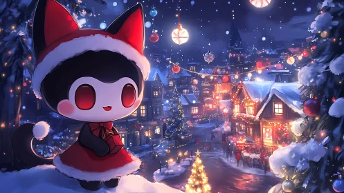 Cartoon cat in red coat overlooking winter town square.