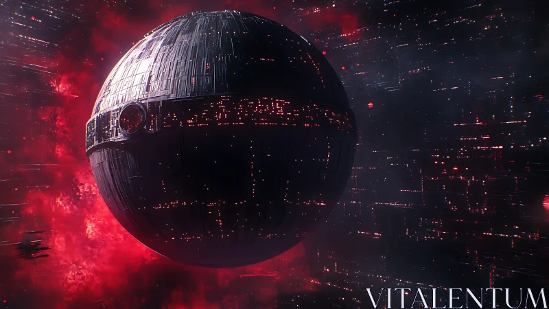 Massive spherical space station looms in a crimson nebula.