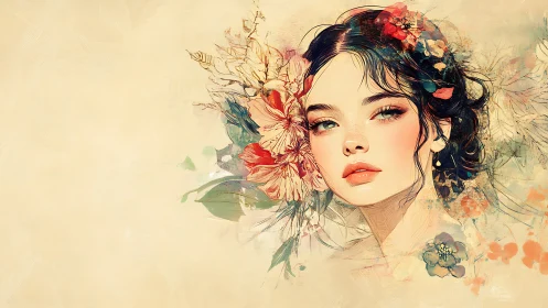 Portrait of a young woman with floral watercolor accents.