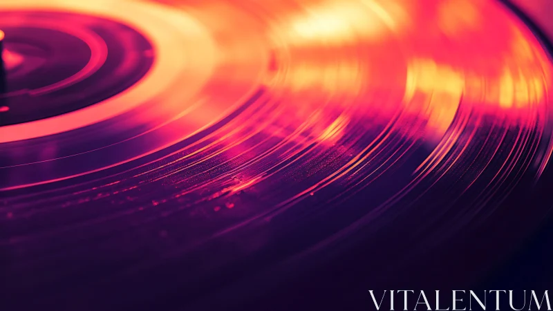 Glowing vinyl record spins under vivid neon light reflections.