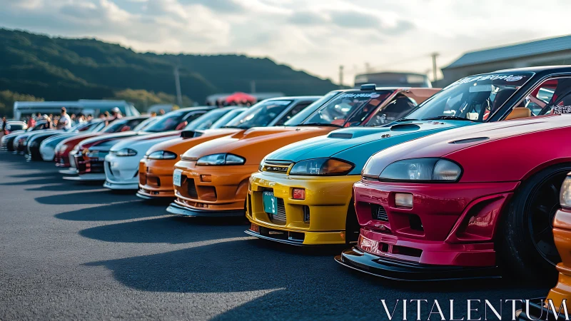 Vibrant tuned sports cars aligned at outdoor meet.