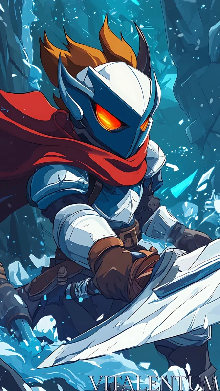 Armored warrior with glowing eyes swings sword in ice cavern.
