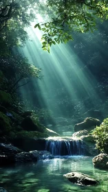 Photorealistic forest cascade with volumetric light shafts.