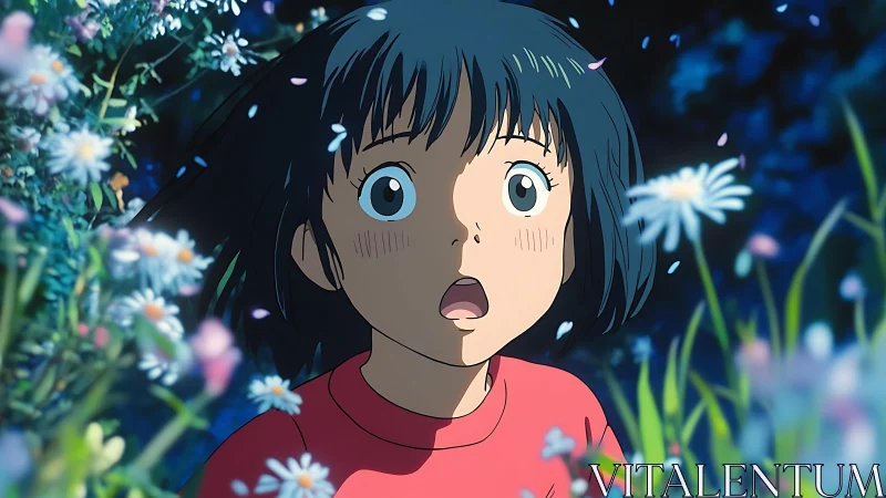 Anime girl surprised among glowing wildflowers at night.