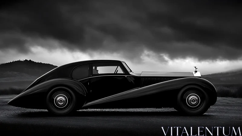 Vintage black coup&eacute; under storm-lit horizon in profile view.