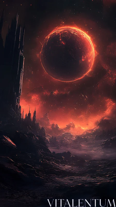 Lava planet glows above dark jagged alien landscape