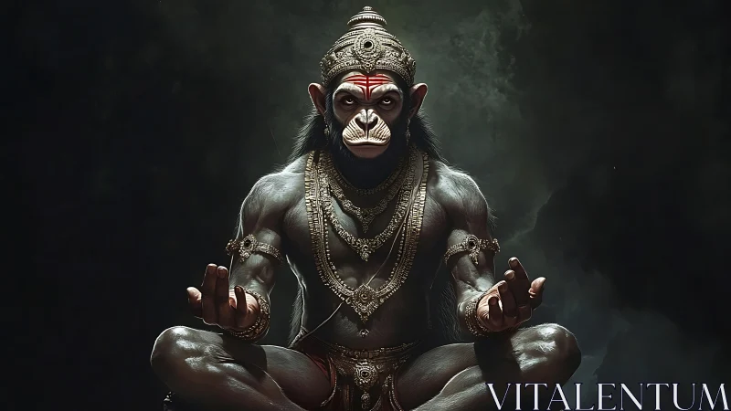Storm-lit simian deity in meditative, battle-ready stillness.