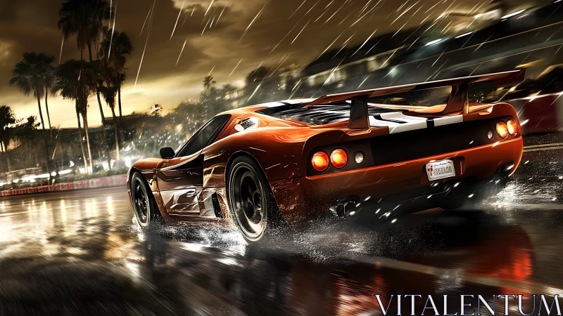 Supercar slices through rainy city street at night in motion.