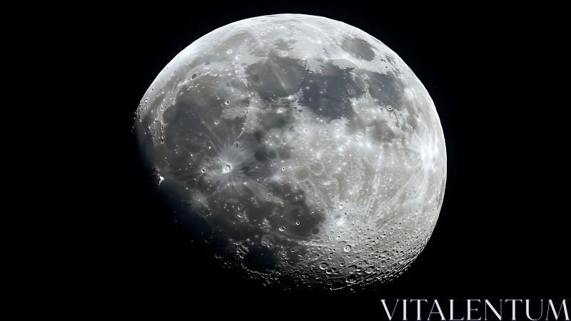 Lunar surface close-up shows craters, maria, bright rays.
